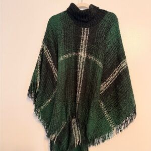Max Studio Dark Green and Black Plaid Turtleneck Poncho with Fringe